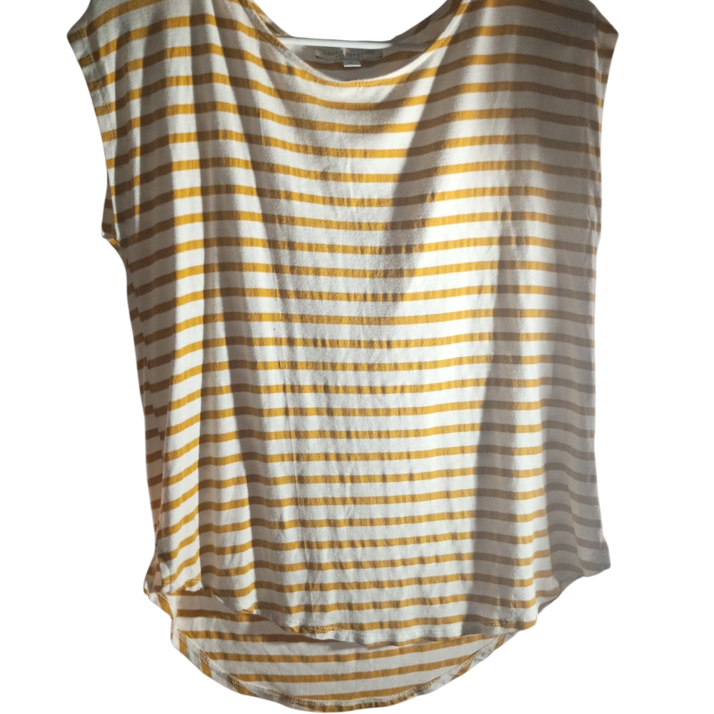 Green Envelope Yellow & White Striped Cap-Sleeve Crop Top